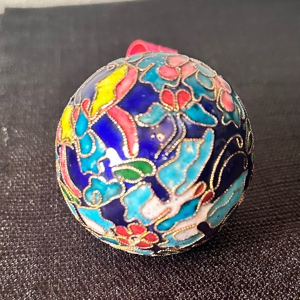 Vintage Cloisonné Butterfly Ball Christmas Ornament Cobalt Blue Enamel All Over